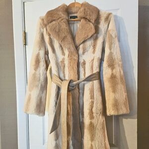 Bebe, natural colors, rabbit fur coat, XS, mid-length ,leather belt.